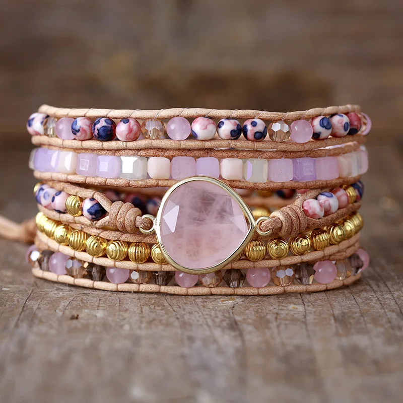 Boho Multistrand Stone Leather Wrap Bracelet Five Wrap Stackable Handmade Bracelets Vintage Statement Jewelry Bijoux 260318BJ