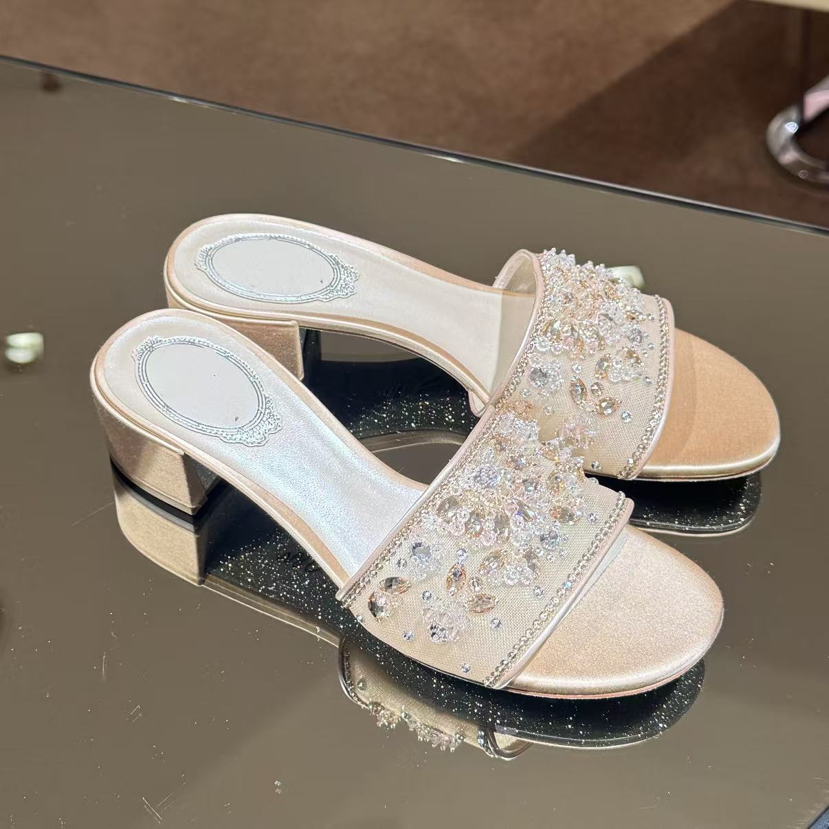 Fashion designer elegant sandals women's high heels summer slippers luxurious rhinestone pink silver party wedding Scuffs Novelty Slipper shoes size 35-43 bag