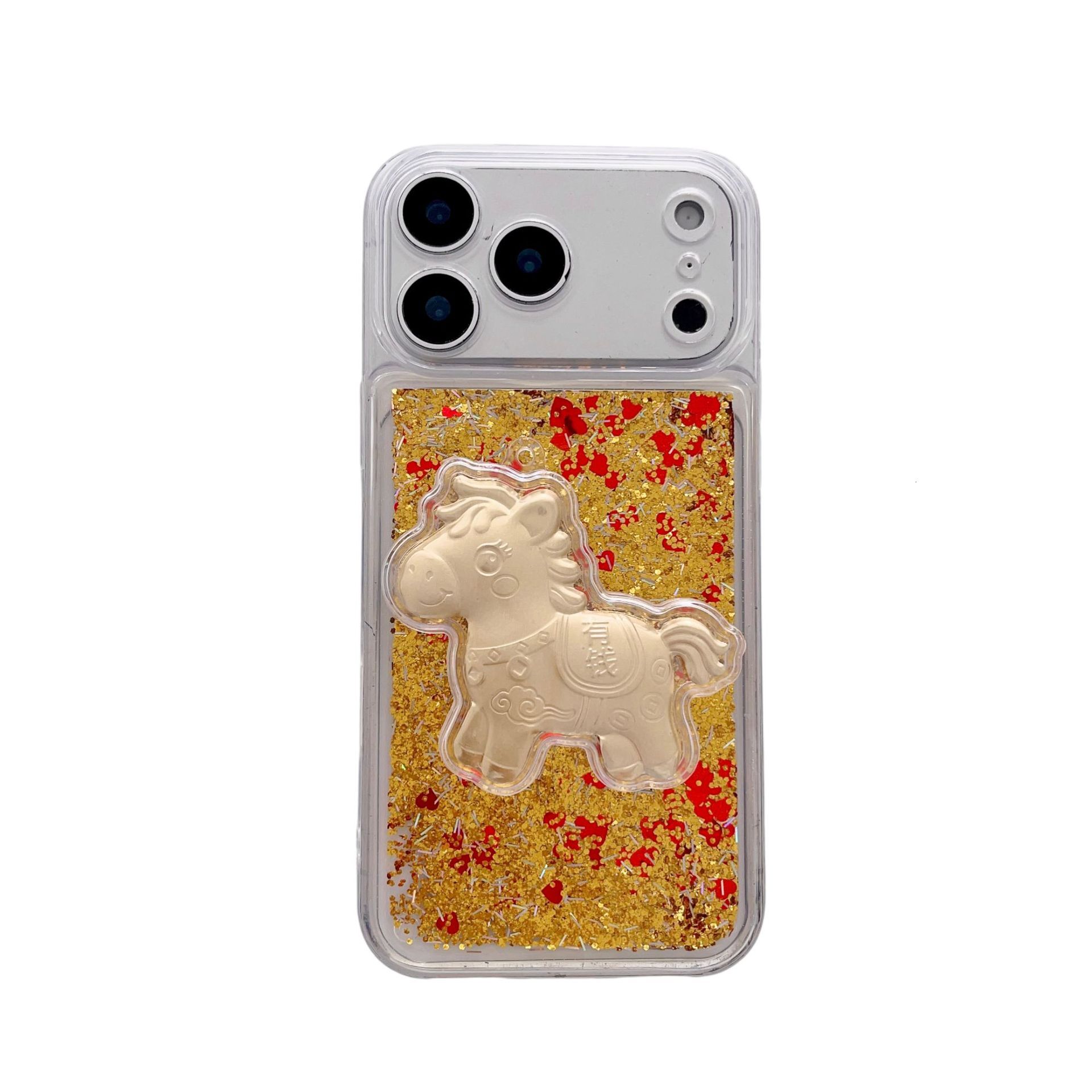Designer Luxury Gold Quicksand Phone Case, 3D Lucky Horse Money Bag Bling Glitter Cover For Iphone 17 14 13 Pro Max, Premium Fortune Gift With Chain