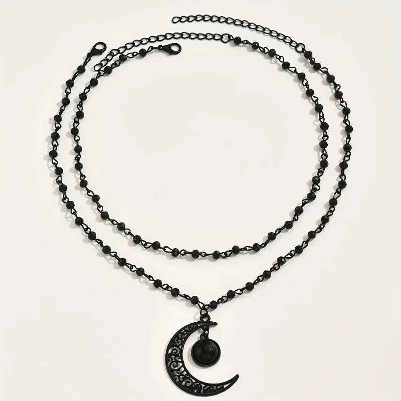 Gothic Retro Hollowed Out Moon Pendant Double Layered Necklace for Women Witch Dark Party Gift Outfit Accessory H260403