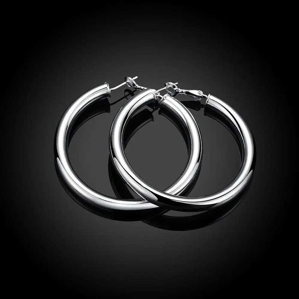 925 Sterling Silver Smooth 50MM Big Circle Hoop Earrings For Women Wedding Engagement Party Fashion Jewelry Christmas Gifts H260403
