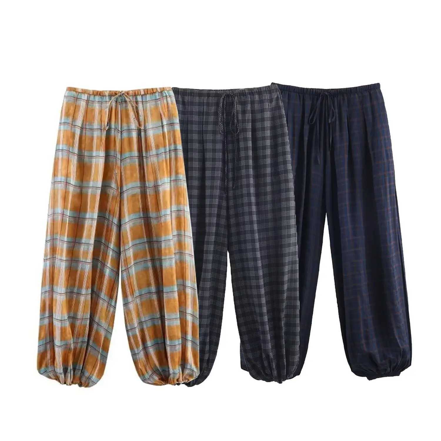 Womens Fashion Versatile Long Pants Spring Casual Loose Plaid Drawstring Balloon Bottom High Street High-Waist Lantern TrousersT260403