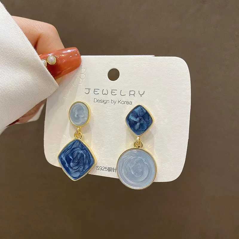 French Elegant Blue Asymmetrical Geometric Earrings Women Simple Fashion Jewelry For Party and Daily Wearing H260403