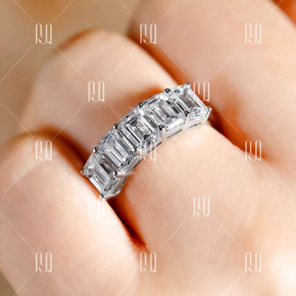 PYQ 4x6mm Emerald Cut Moissanite Half Row Eternity Band 925 Sterling Silver Plated 18K Gold Luxury Womens Ring for Wholesale