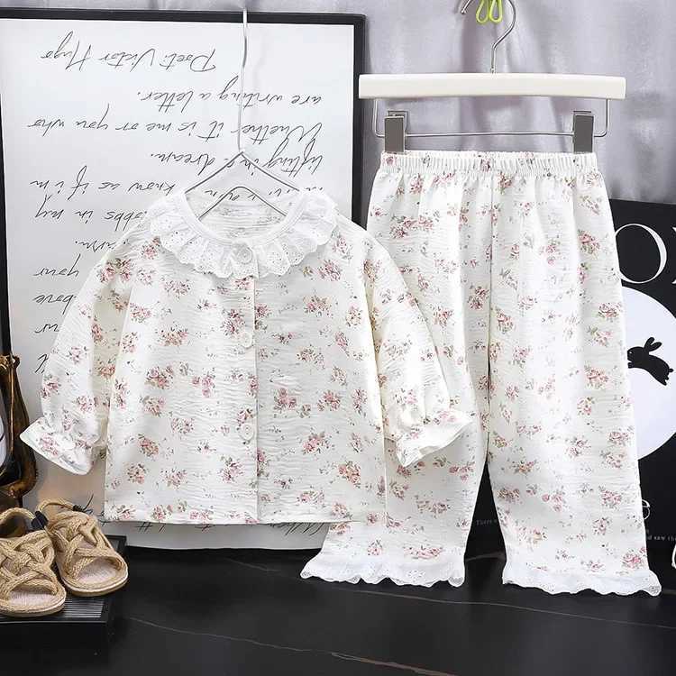Girls Kids Home Clothes Set New Loose Thin Baby Pajamas Fashion Lace Floral Princess Children Air Conditioner Long SleevePants H260403