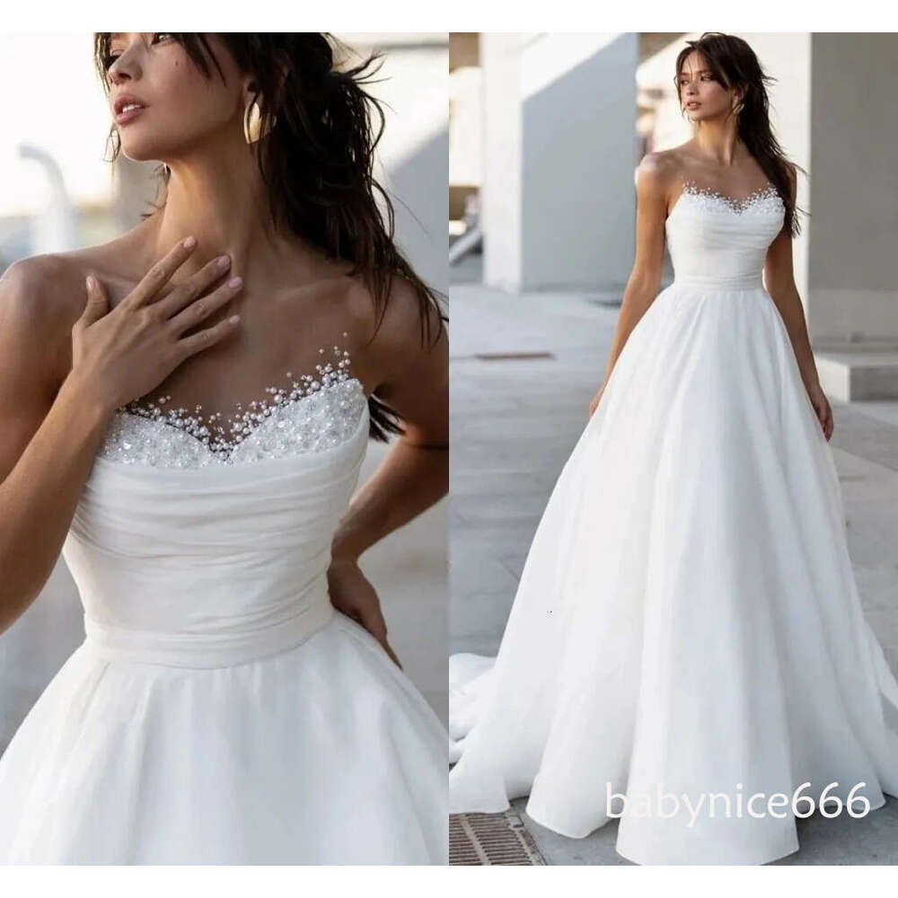 Vintage Pearl Wedding Dress Simple Pleat Elegant Illusion Neck Satin Organza A-Line Bridal Gowns Sleeveless Robe Mariee Vestidos De Novia