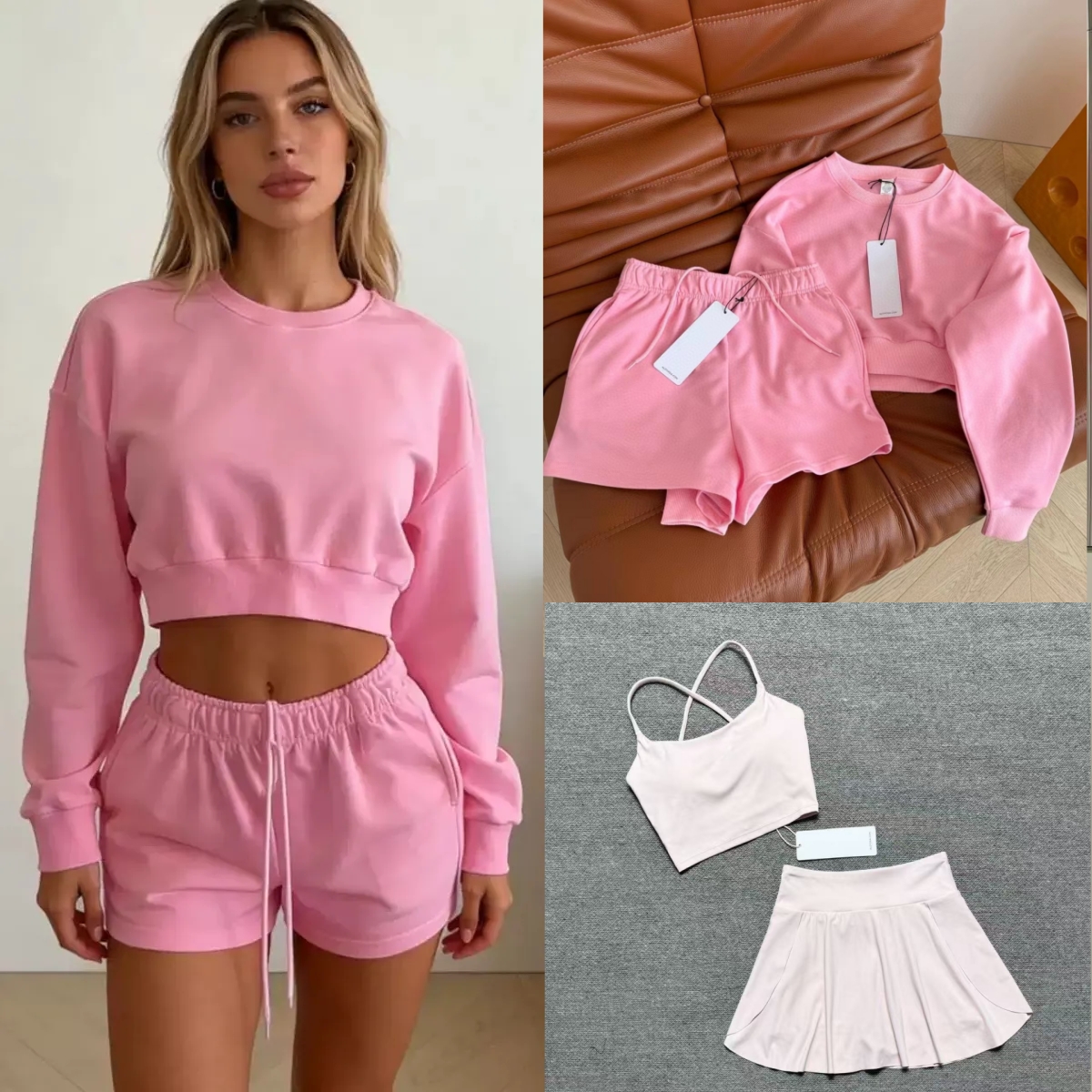Women Yoga Sets Designer Cropped Sweatshirts+Shorts Crew Neck Pullover Spring 2 piece set Active Short Tracksuit Pink Jogger Sportswear with Chrome 3D Silver Logo