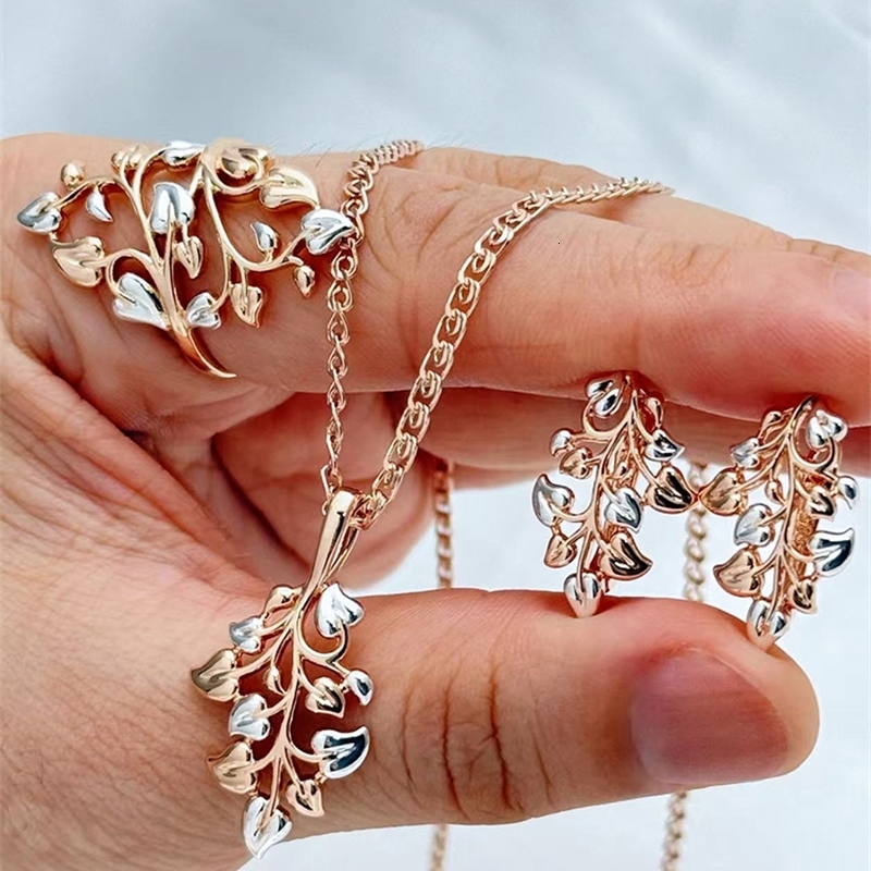 Kinel Unique Ethnic Bridal Leaf Ring Earrings Necklace for Women Fashion 585 Rose Gold Silver Color Mix Daily Fine Jewelry Sets 260318BJ - view 3