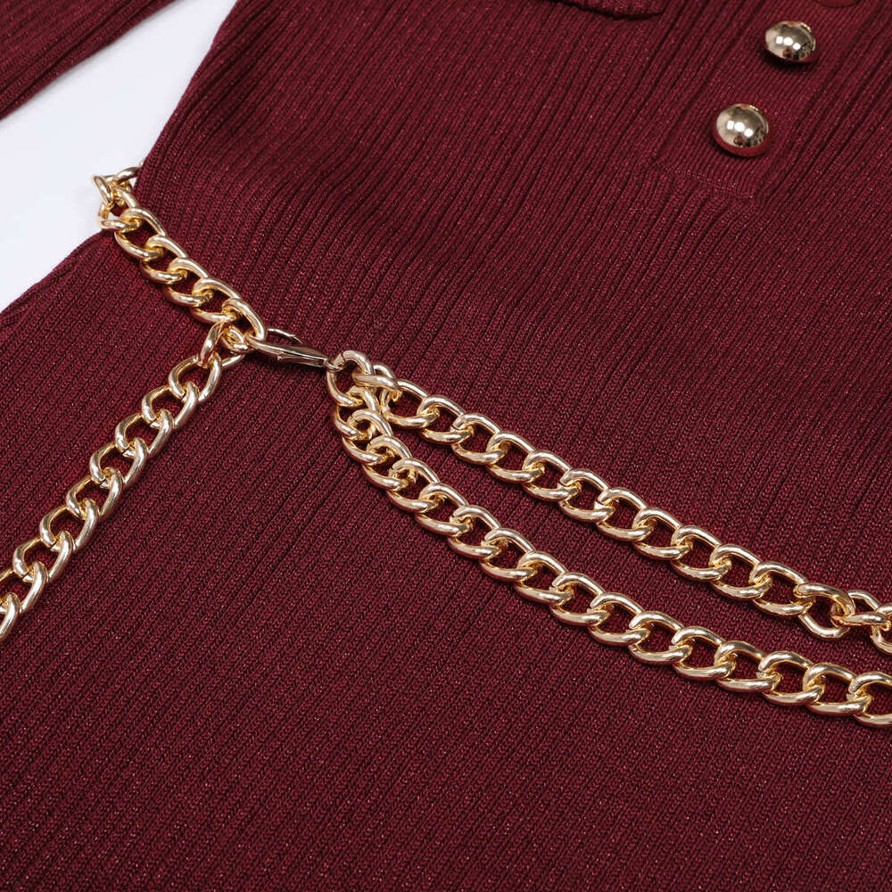 Spring and Autumn New Designer High Quality Fashion Knitted V-neck Slimming Chain Belt k30 Long Sleeve Dress