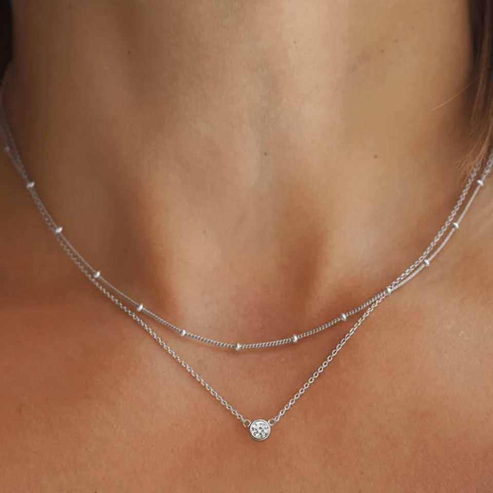 Stainless Steel Zirconia-Inlaid Pendant Double-Layer Necklace Ladies Refined Luxury Elegant Layered Beaded Necklace Jewellery H260403