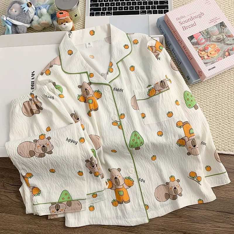 Capybara Girls Sleepwear Cloudy Cotton Jersey Sleepwear Children Thin Home Set with Long Sleeve and Pants Spring Autumn Cartoon H260403