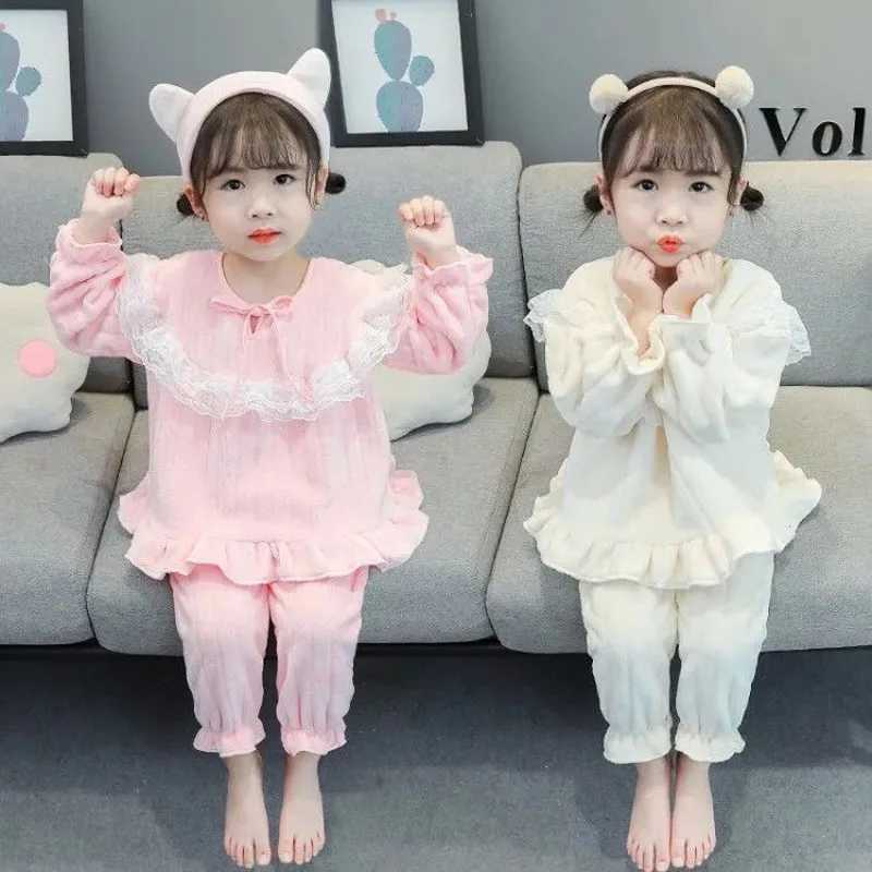 Cute Sweet Style Girls Pajamas Set Childrens Thickened Warm Long-sleeved Home Clothes Baby Girl Solid Color Pullover Pajamas H260403