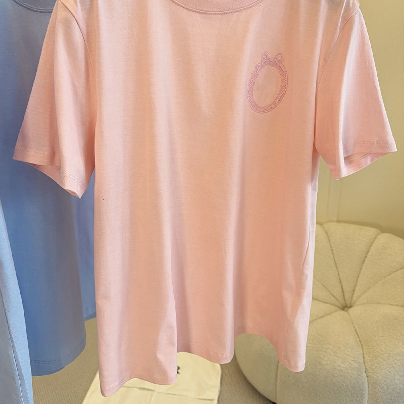 Ladies Spring Summer New Cotton T-shirt Designer Vintage Luxury Crewneck Embroidered Top Blue Pink Classic Runway Oversized Chic Casual Wear For Women
