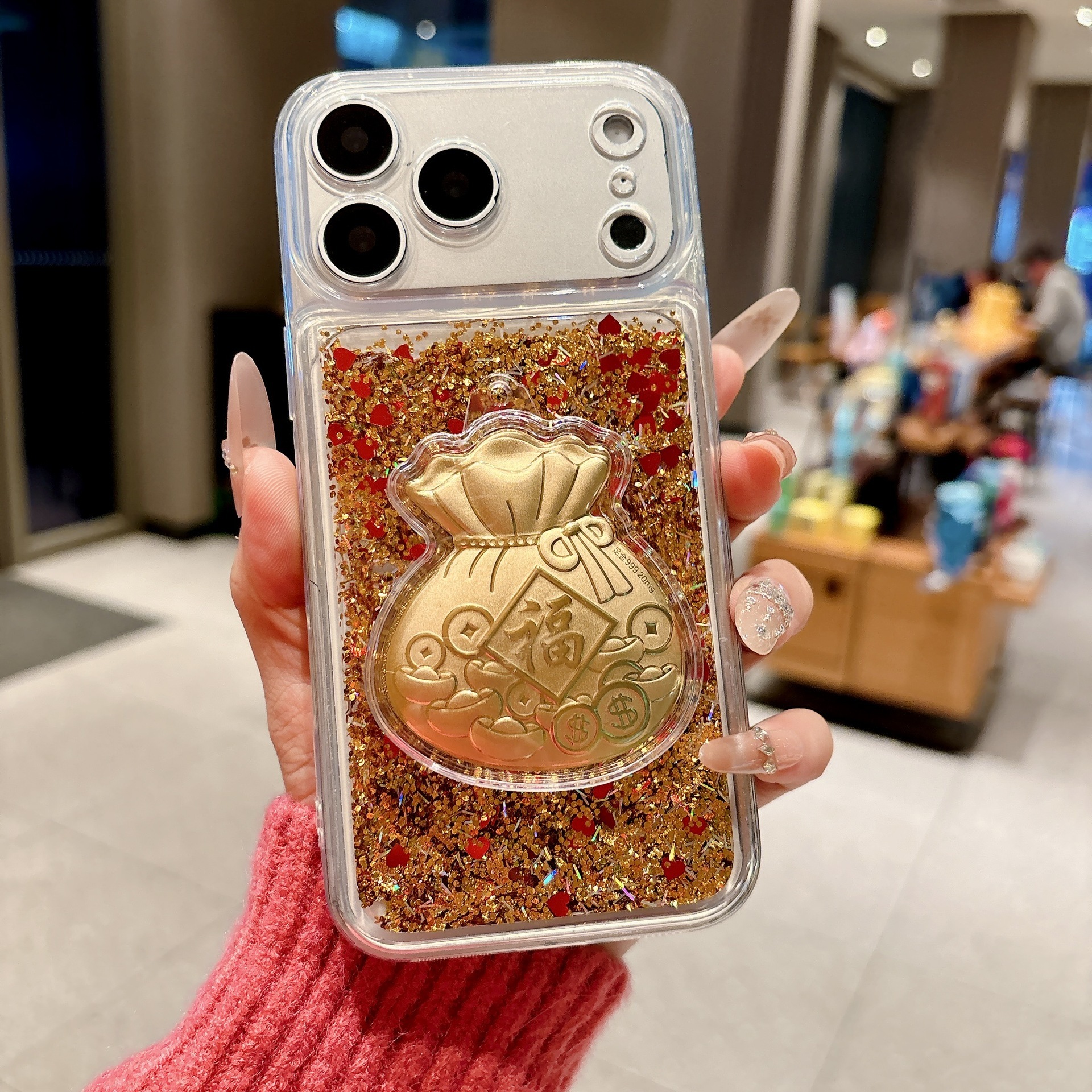 Designer Luxury Gold Quicksand Phone Case, 3D Lucky Horse Money Bag Bling Glitter Cover For Iphone 17 14 13 Pro Max, Premium Fortune Gift With Chain