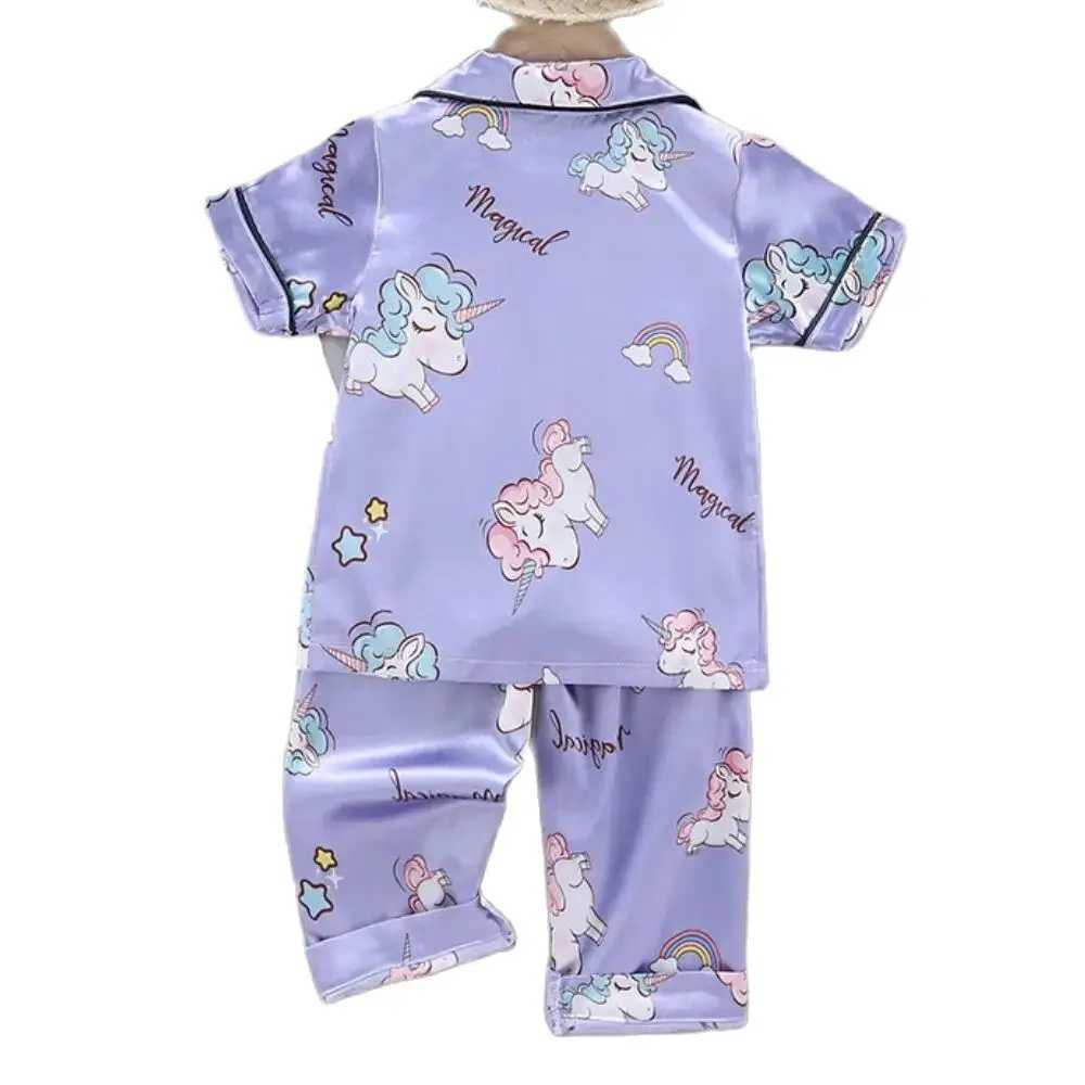 Girls Pajamas Pants Set Summer Air-Conditioned Clothing Toddler Boys Lce Silk Satin Cartoon Unicorn Nightgown 2pcs Outfit H260403