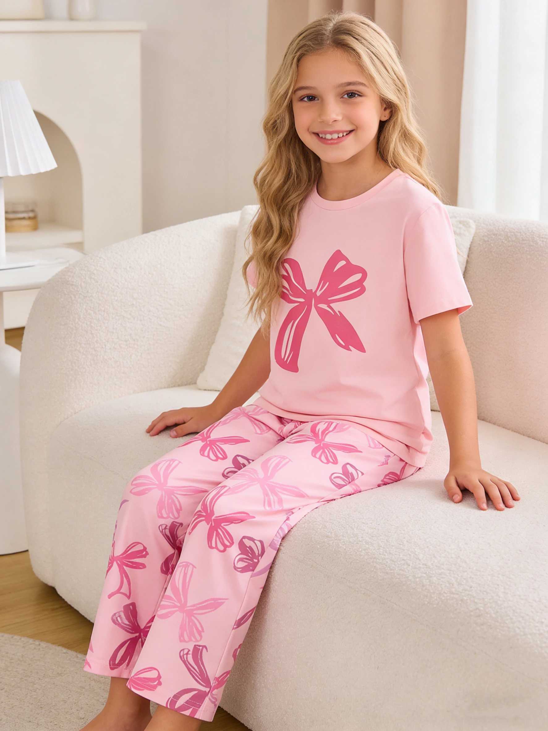 Girls home clothes set girls casual bow-tie short-sleeved trousers suitable for home wear in spring summer and autumn H260403