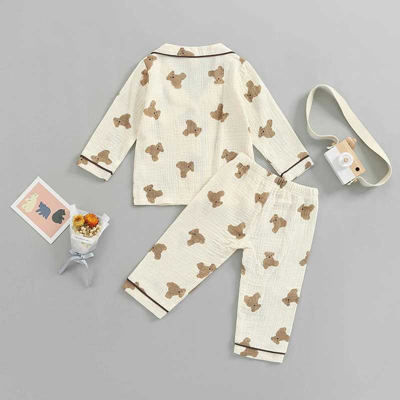 1-6Y Kids Pajama Sets Baby Boys Grils Sleepwear Bear Printed Long Sleeve Lapel Tops Long Pants Children Pajama Nighwear H260403