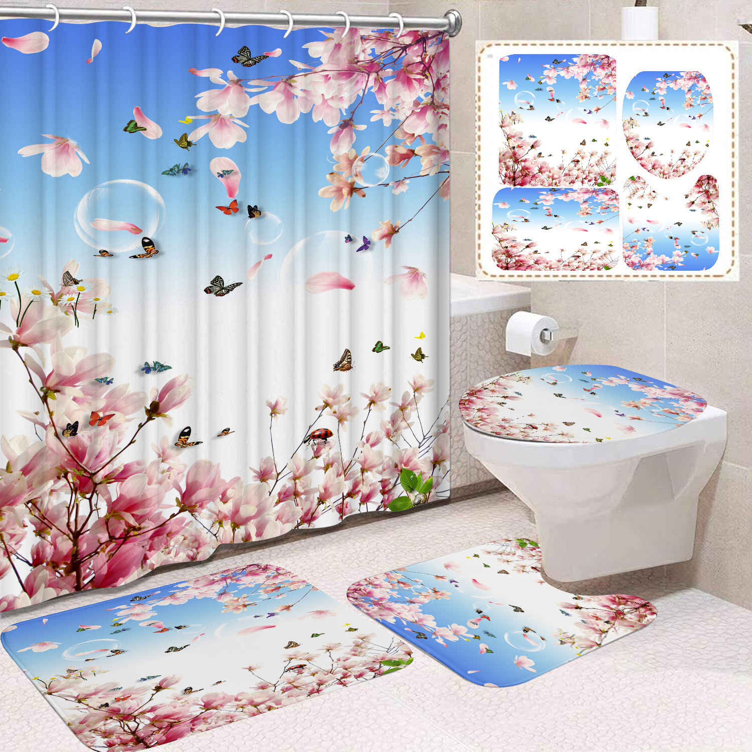 YL-38436 Home Decor Pink Butterfly and Flower Waterproof Shower Curtain Set (Four Pieces) - Factory Direct Sales