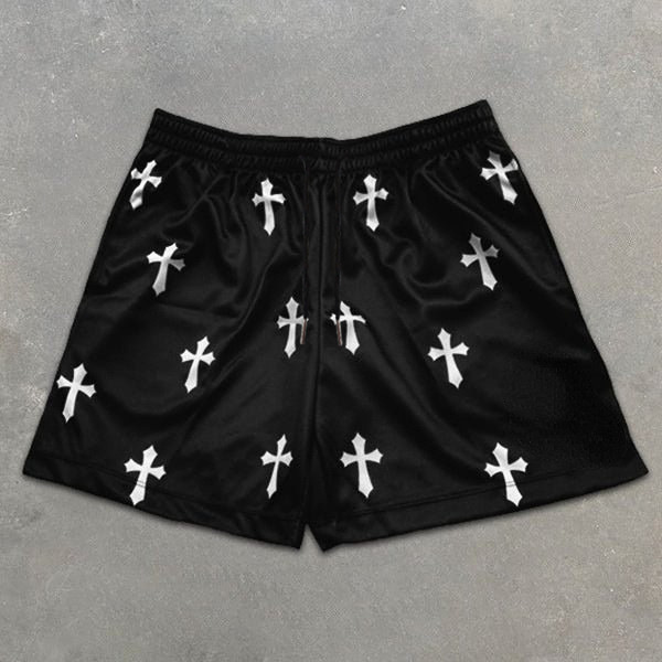 Luxury Brand Designer Clothes Men's American High Street Hip-Hop Trendy Brand Shorts With Cross Decoration, Loose Fit For Street Dance, Breathabl
