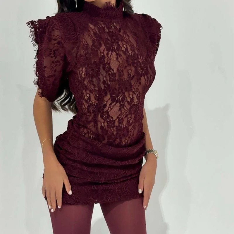 Retro Solid Color Short Sleeved Summer Dress Fashion Embroidery Perspective Party Dress Ladies Stand Collar Lace Slim Mini Dress 260325