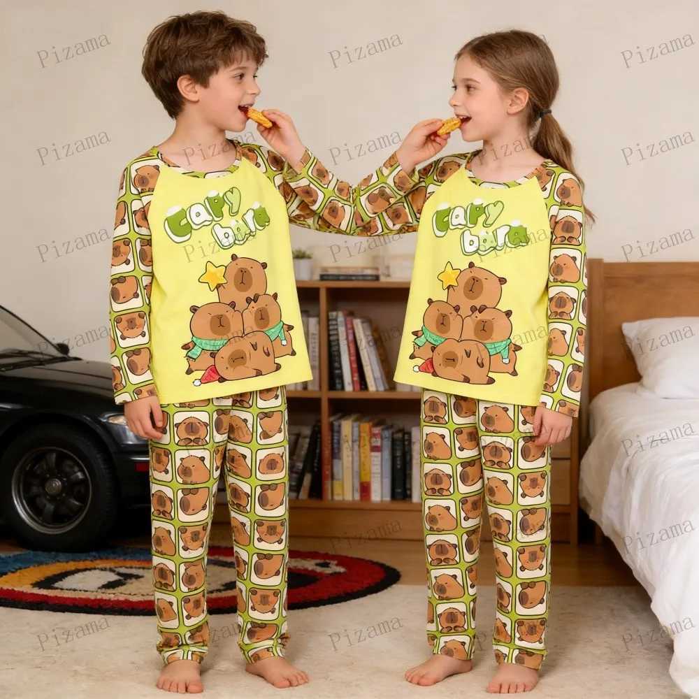 Capibara Kids Pajama Sets Long Sleeve Loungewear with Cute Animal Print Soft Sleepwear for Boys Girls Cartoon Sleepwear Outfit H260403