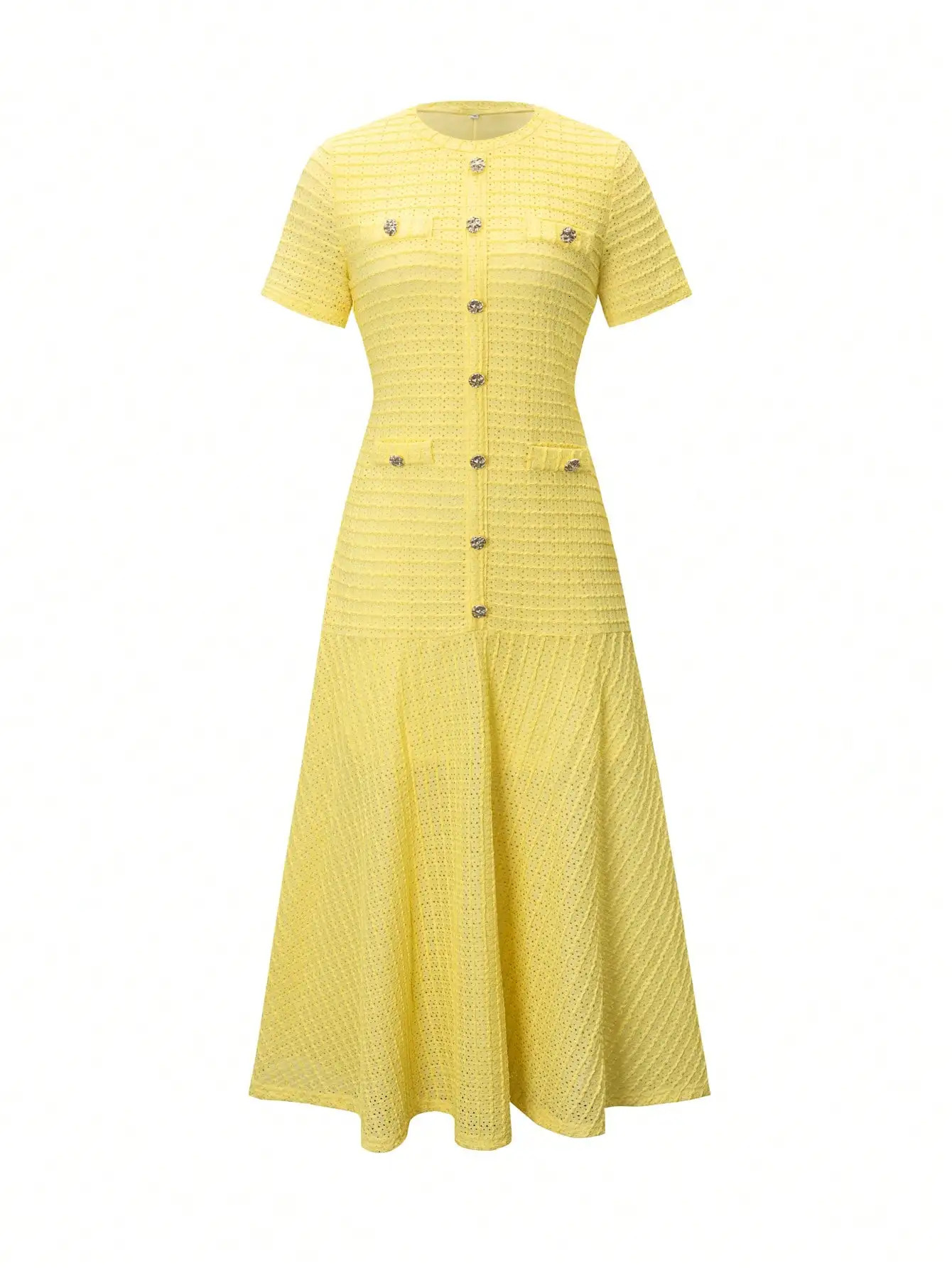 Yellow Textured Knit Midi Dress with Front Buttons and Faux Pockets 260403