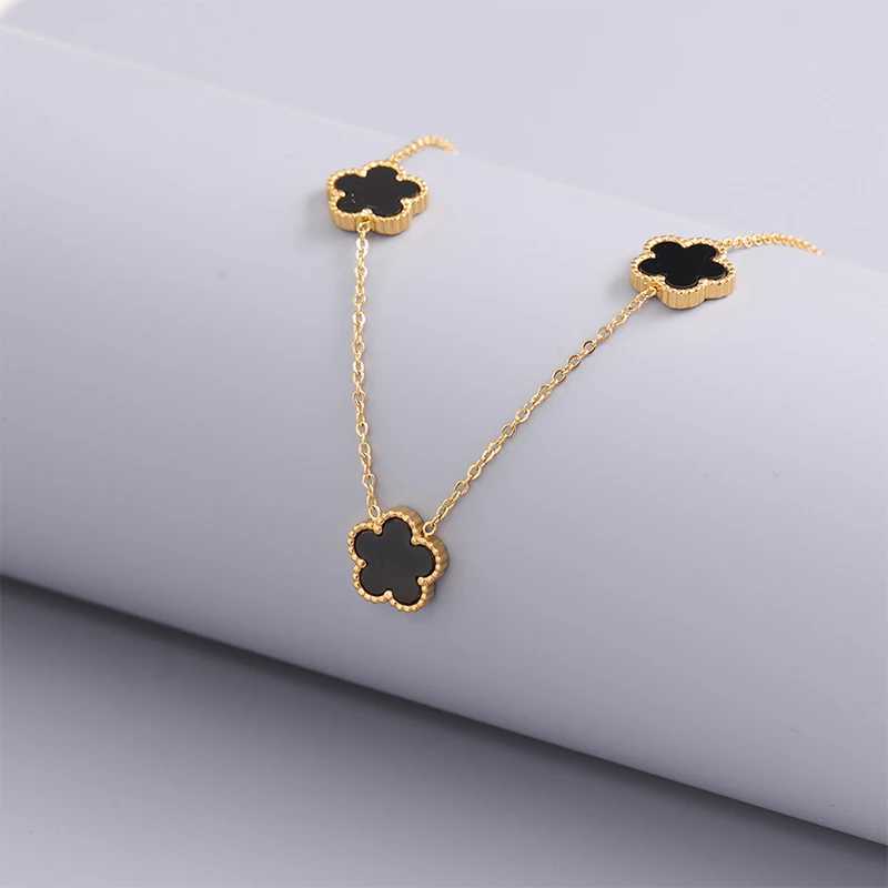 14K Gold Plated Stainless Steel Necklace Woman Five Leaf Petals Double Sided Necklaces for Women Pendant Flower Clover Jewelry H260403