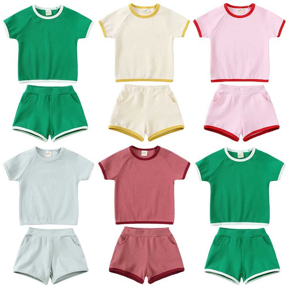 2026 Kids Summer Outfits Solid Cotton Short T-shirt Shorts Baby Casual Breathable Suit Cute Korean Boy Girls Lounge Pyjamas H260403