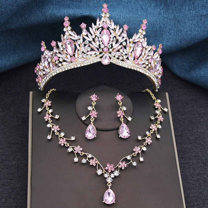 Baroque Wedding Crown for Bride 3-pack Tiara Earrings Necklace Bridal Jewelry Set Champagne Crystal Costume Party Birthday Gift 260318BJ - view 6