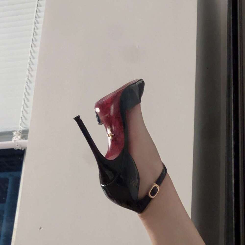 Early Spring New Model Pointed Toe Strap Buckle Red Sole High Heeled Shoes Black Closed Toe Hollow Sexy Stiletto Sandals