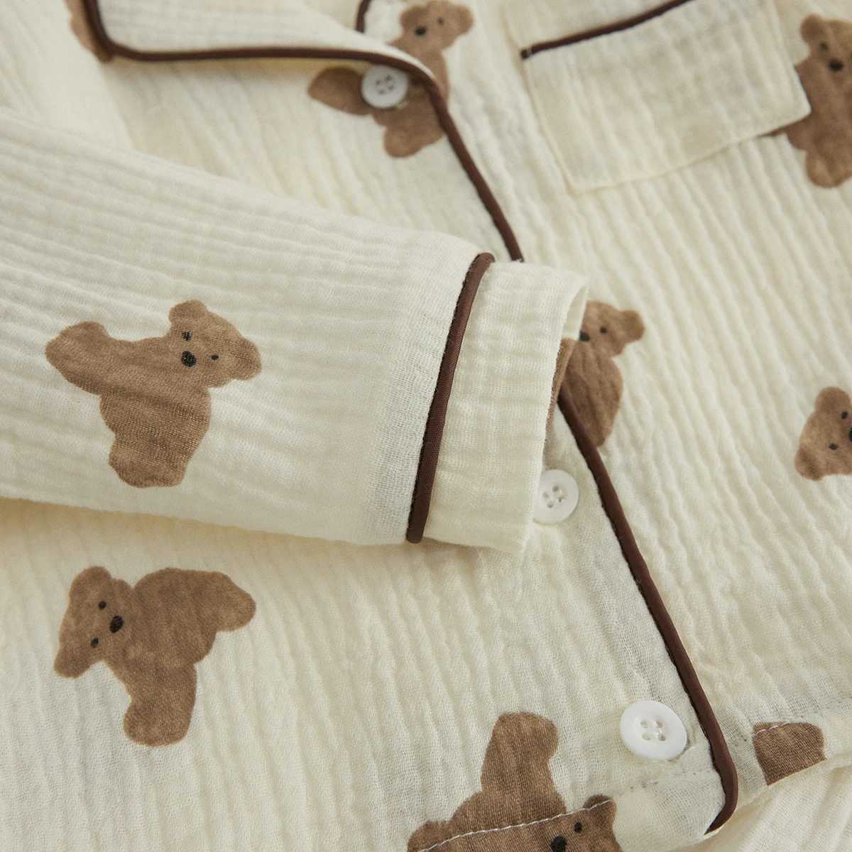 VISgogo Kids Unisex Cotton Linen Pajama Suit Bear Print Long Sleeve Front Pocket Lapel Tops Long Pants Spring Clothes Casual Set H260403