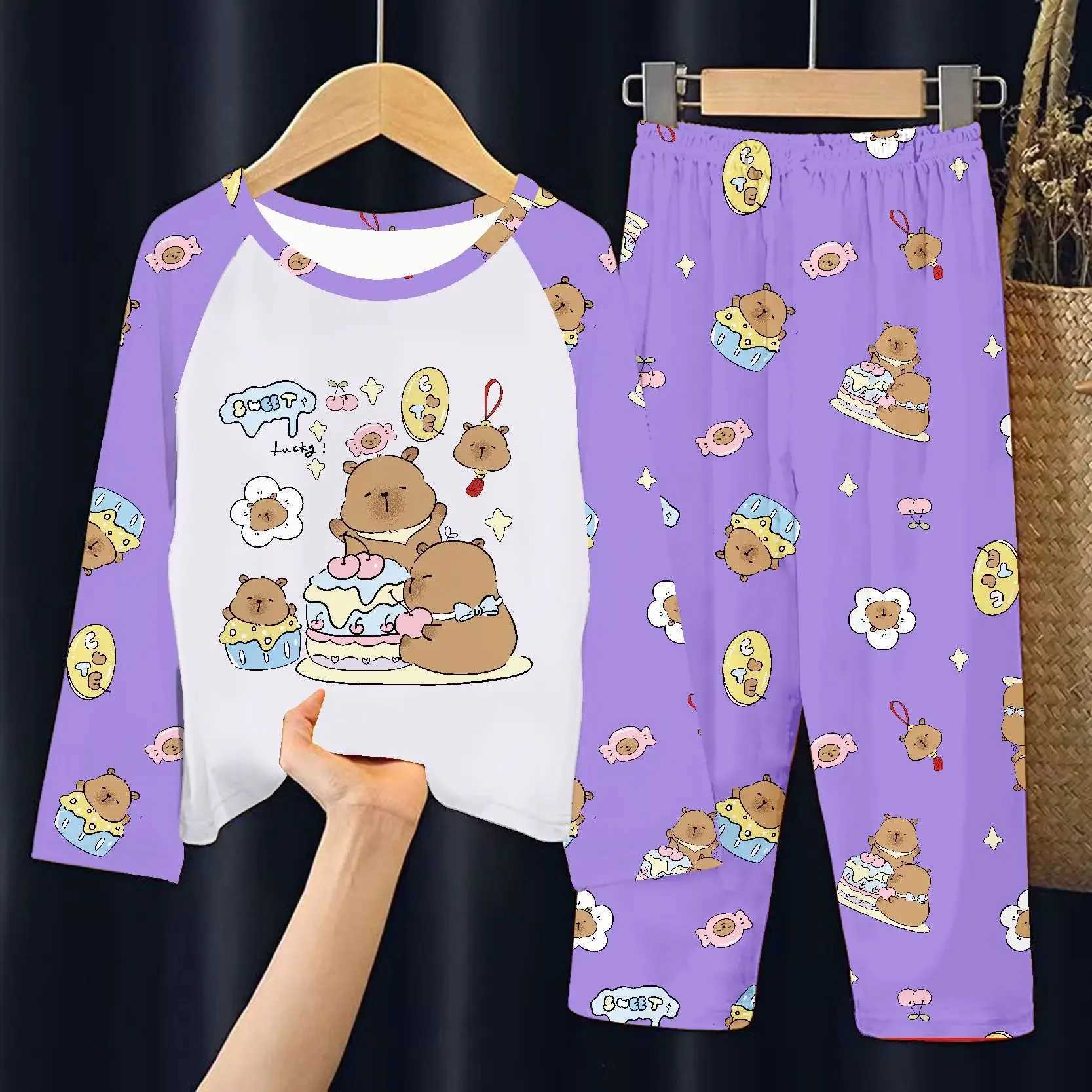 Capibara Pajamas Pants Set Kids Anime Capybara Nightgown Trousers Girls Boys Spring Autumn Home Clothes Children Long Sleeves H260403