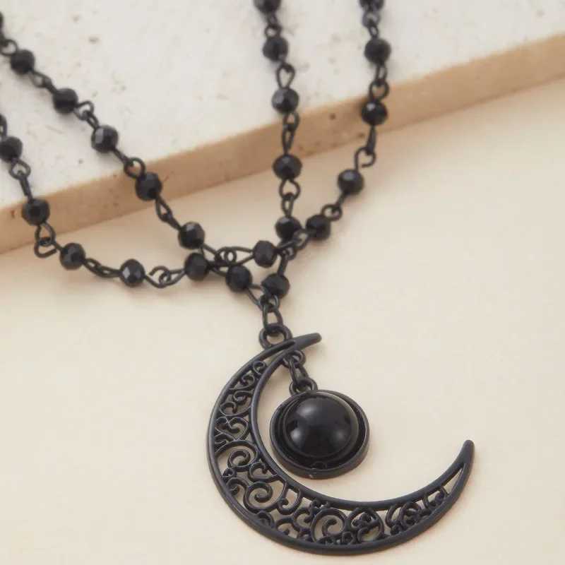 Gothic Retro Hollowed Out Moon Pendant Double Layered Necklace for Women Witch Dark Party Gift Outfit Accessory H260403