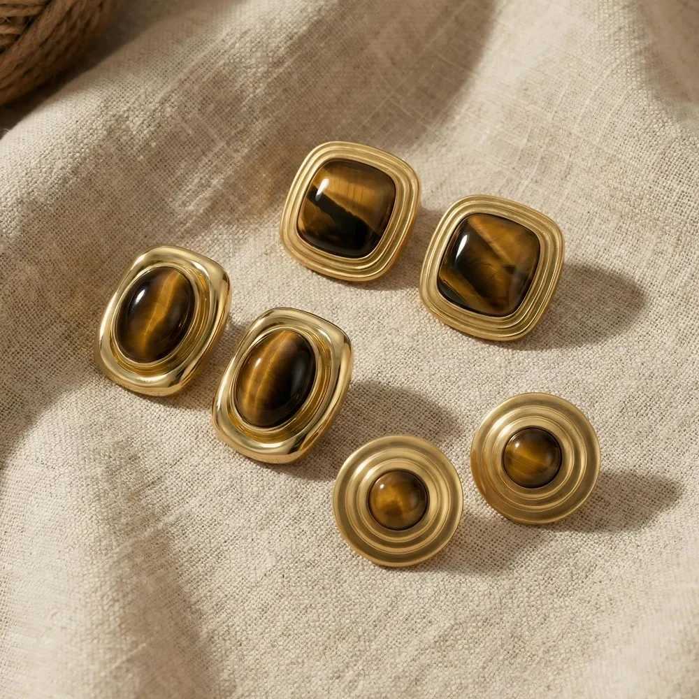 Chunky Vintage Tiger Eye Black Stone Stainless Steel Stud Earrings For Women Statement 18K Gold Plated French Autumn Jewelry H260403