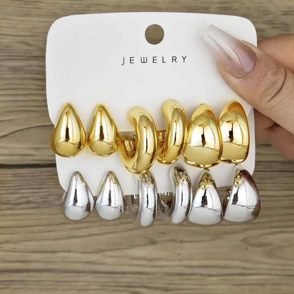 6pcs Chunky Gold Plated Waterdrop Hoop Earrings For Women Minimalist Smooth Thick Circle Drop Earring Lightweight Party Jewelry H260403