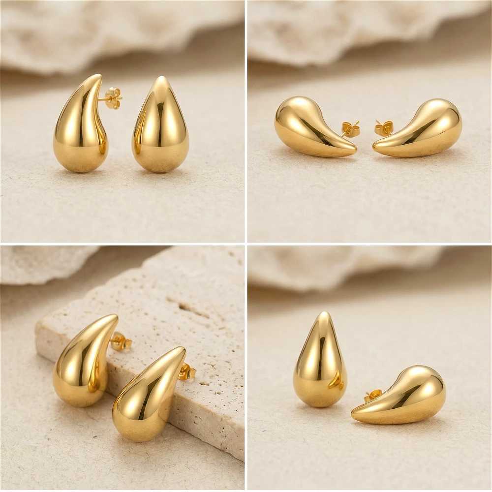 10-31mm Stainless Steel Vintage Chunky Water Drop Earrings For Women Gold Plated Thick Earring Statement Wedding Jewelry Gifts H260403