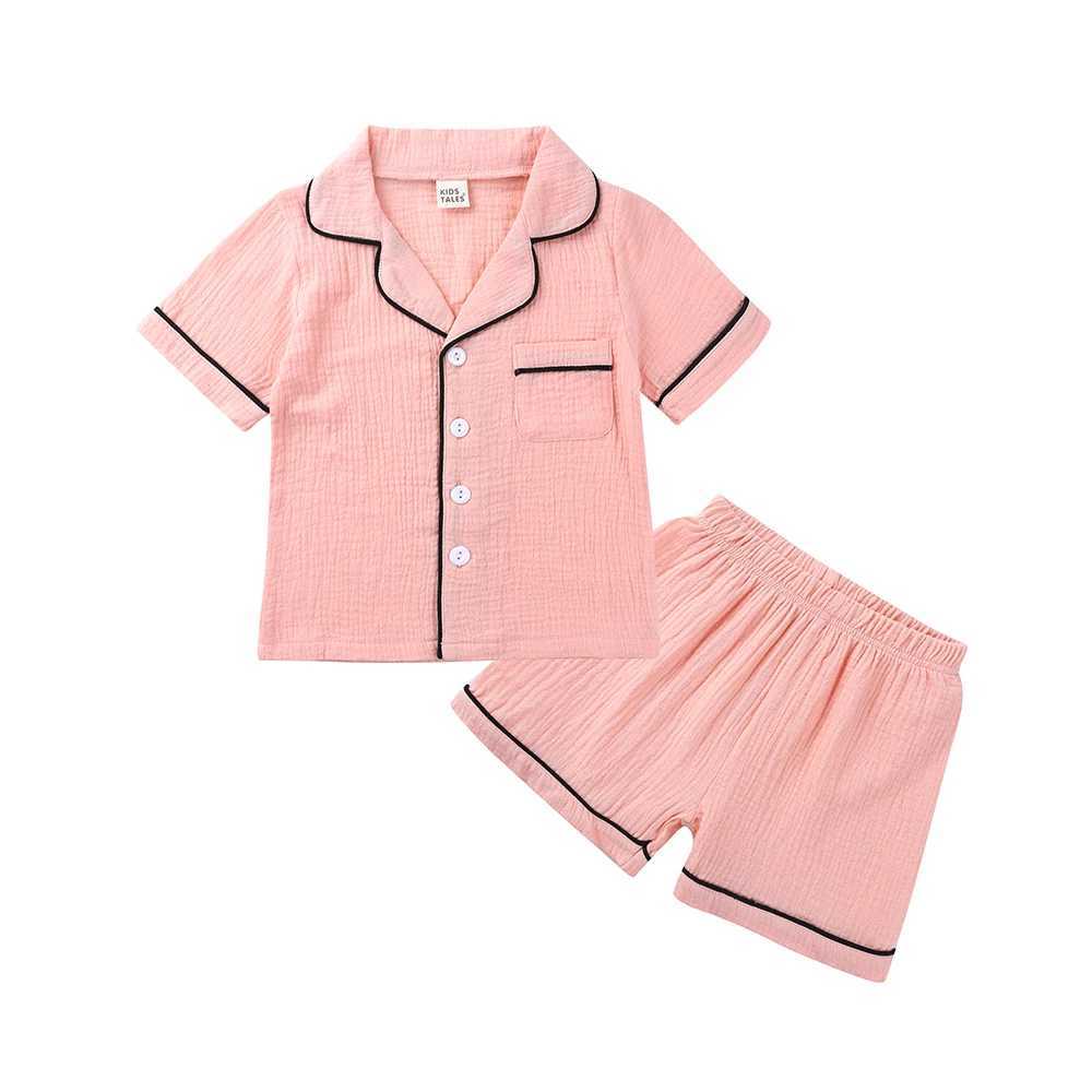 Summer Children Pajamas Suit Cotton Linen Kids Soild Pajamas Set Boys Homewear Pure Girls Short Sleeve 2pcs Pyjamas Set Cute H260403