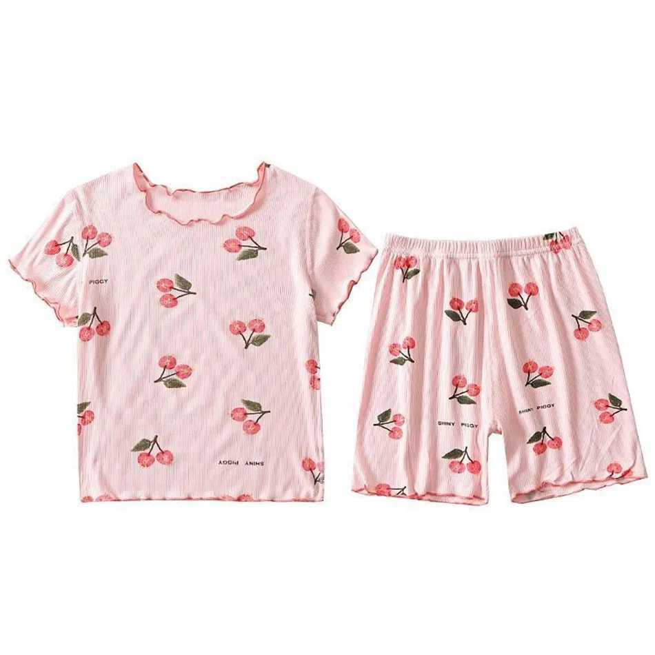 Girls Summer Pajama Set Cherry Blossom Print 4-Way Stretch Shorts Tee Breathable Modal Blend for Bedtime and Playtime for 1-8Y H260403
