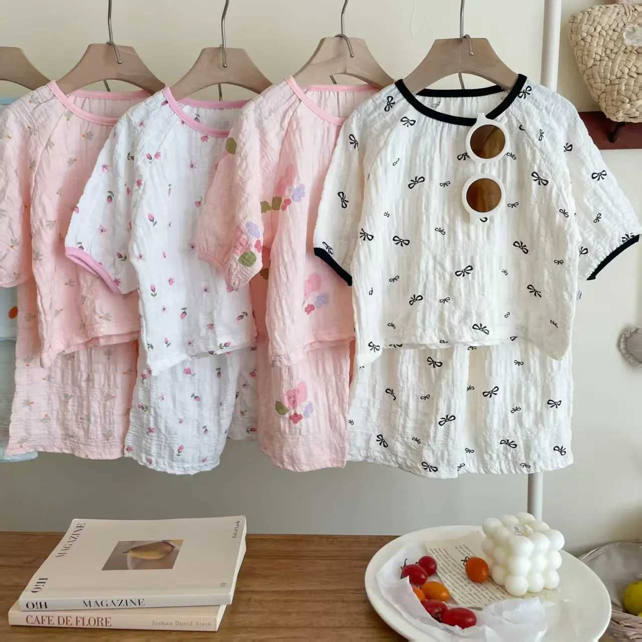 Spring Breathable Children Sleepwear Sets 0-7Y Kids Girls Printed Homewear Pajama Sets Summer Gauze Fabric Soft Daily Loungewear H260403