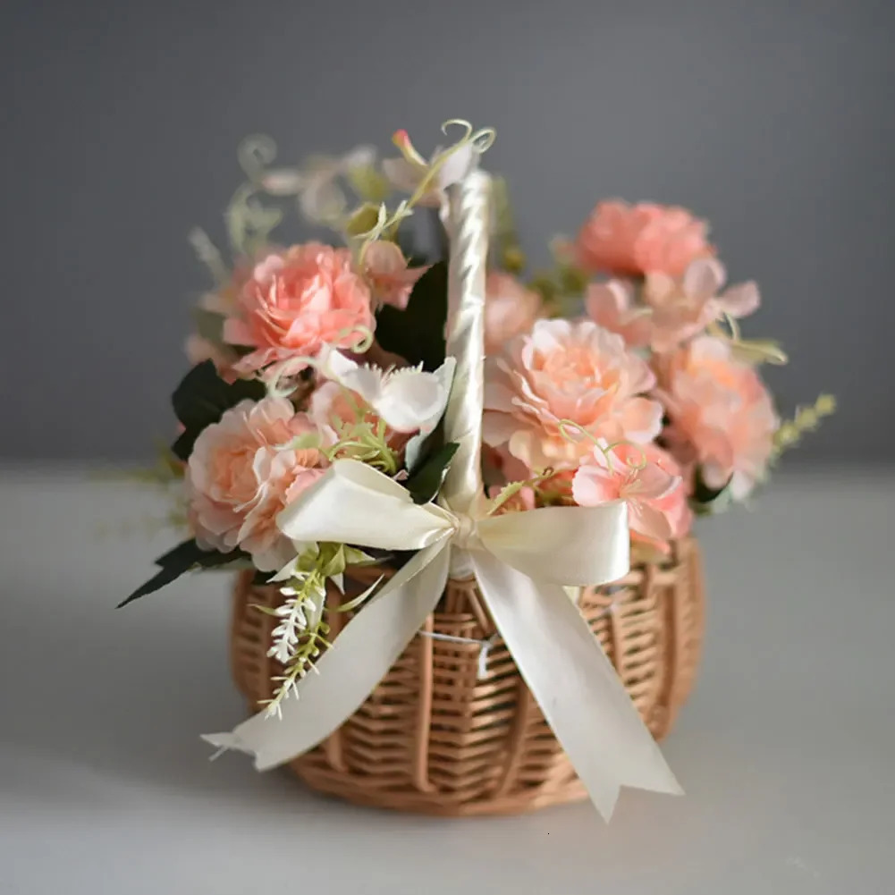 Wicker Rattan Flower Basket with Handle Candy Storage Woven for Wedding Party Decor 260403BJ - view 5
