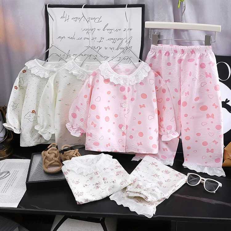 Girls Kids Home Clothes Set New Loose Thin Baby Pajamas Fashion Lace Floral Princess Children Air Conditioner Long SleevePants H260403