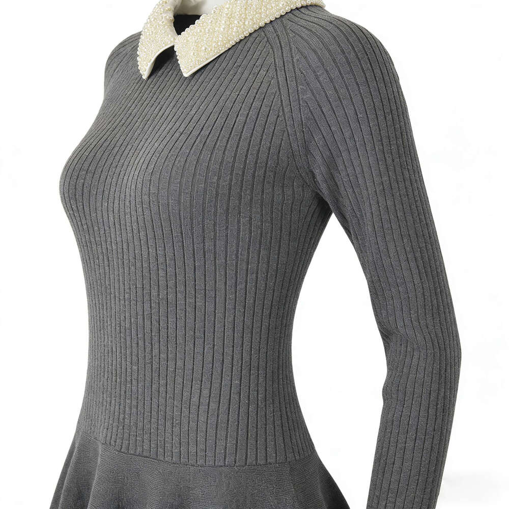 2026 Spring New Designer French Soft Waist Slim Knitted Dress for Women with k30 Detachable Pearl Collar