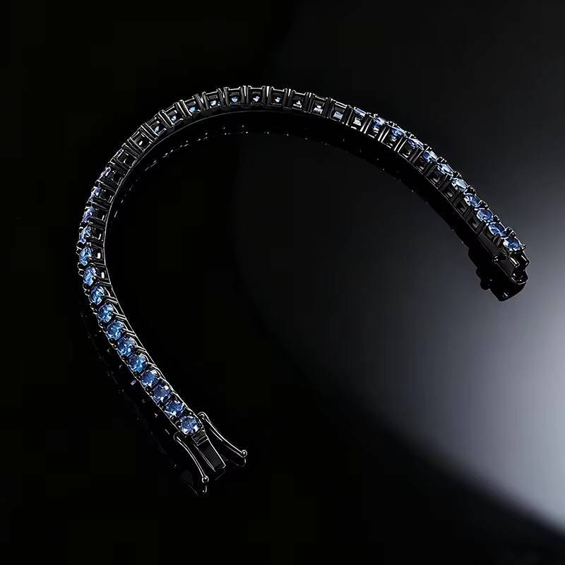 PYQ 3mm 01ct Vvs Royal Blue Moissanite Tennis Chain Hip Hop Jewelry 925 Silver Blue Moissanite Bracelet with Black Gold Plated