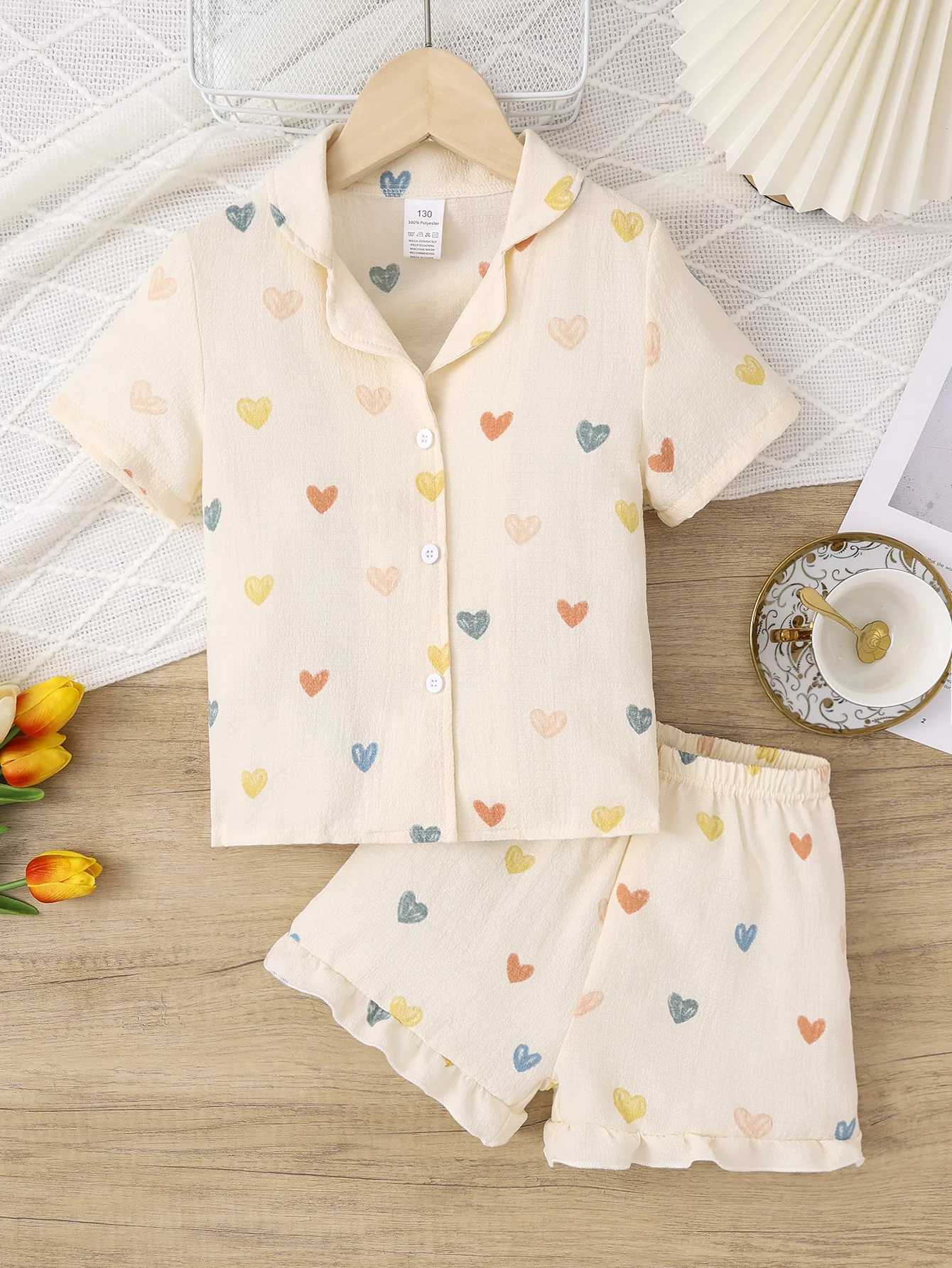 2-Piece Set for Girls Summer Cuban Collar Textured Fabric with Heart Print Cute Style Short-Sleeve Shorts Pajamas Loungewear Set H260403