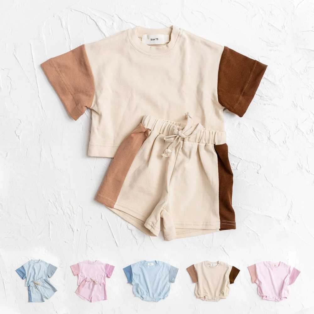 New Summer Cotton Toddler Short Sleeve T shirt And Shorts Set Baby Boys Girls Clothes Stitching Color Casual Tops Outfits 2PCS H260403