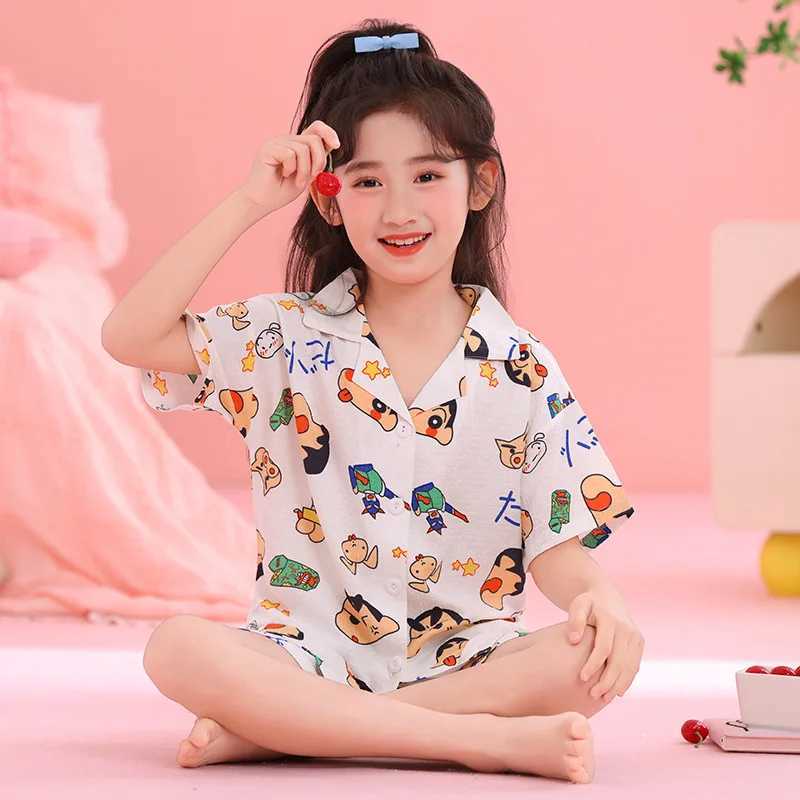 Anime Japanese Crayon Shinchan Childrens Pajamas Set Kids Cardigan Short Sleeve Sleepwear Girls Boys Homewear Pajamas Nighty H260403