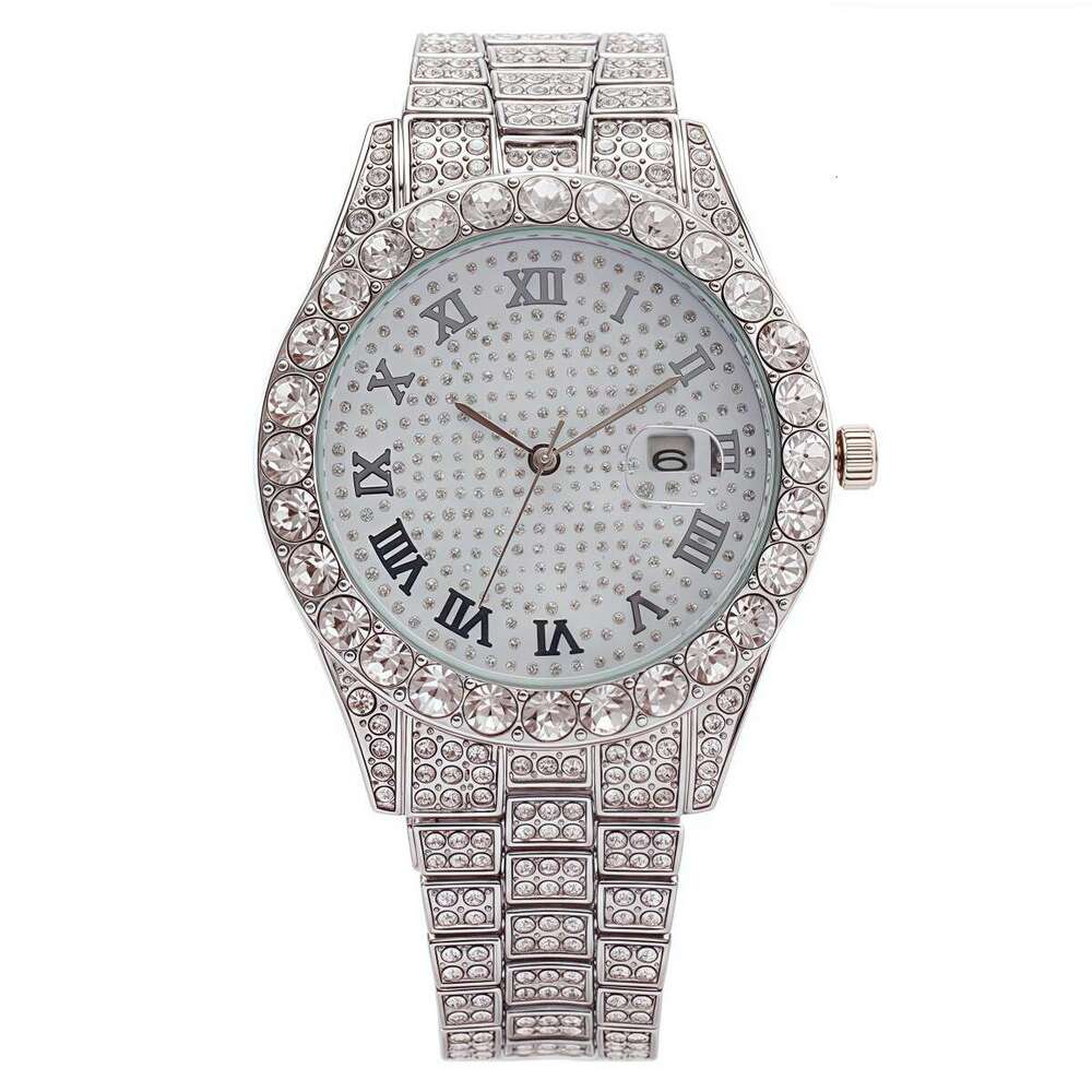 Men's Hip-Hop Trendy Fashion Large Dial Export Hot-Selling Diamond-Studded Cuban Chain Watch Set YYMY Wholesale