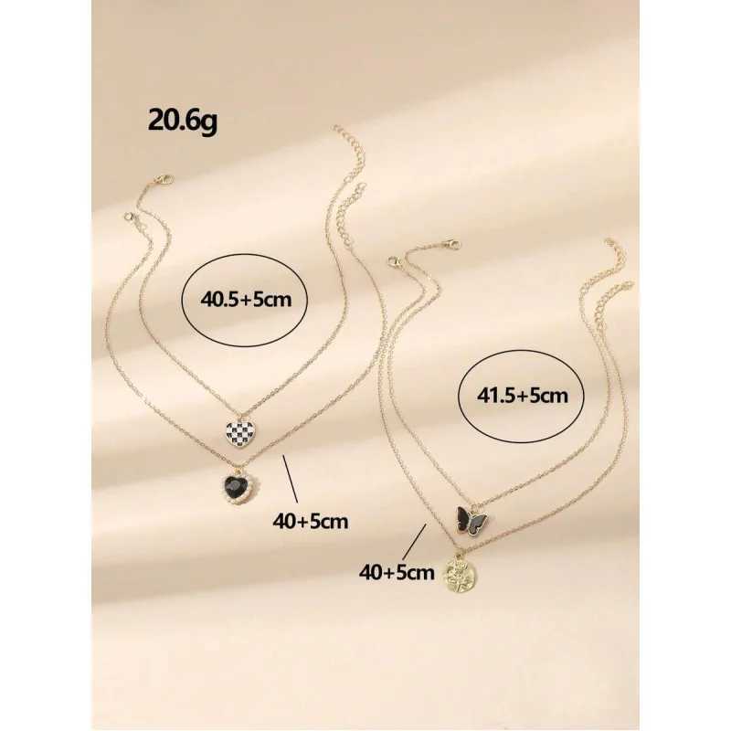4pcs/Set Fashionable Heart Rose Flower Metallic Checkered Butterfly Alloy Pendant Necklace Set For Women H260403