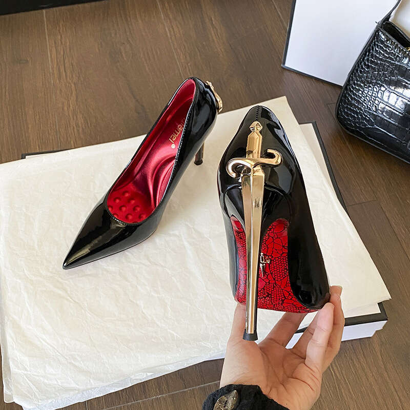 Gold Stiletto High Heels New Model Thin Heel Black Comfortable Printed Red Sole Pointed Toe Patent Leather Shoes