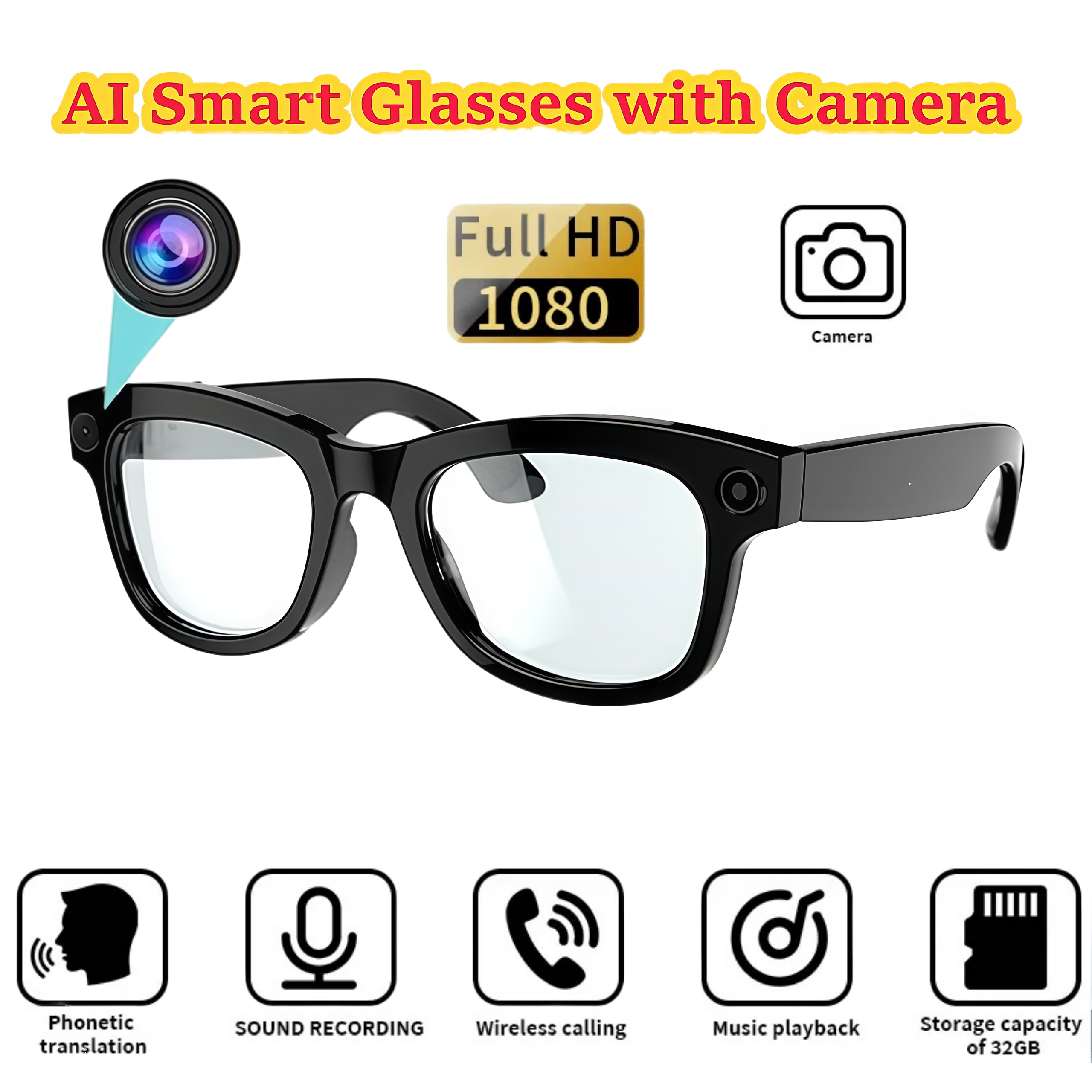 800W AI Smart Glasses with Camera 1080P HD Video Recording AI Translator for 160 Languages GPT Object Recognition, Bluetooth Audio, Photochromic Lenses
